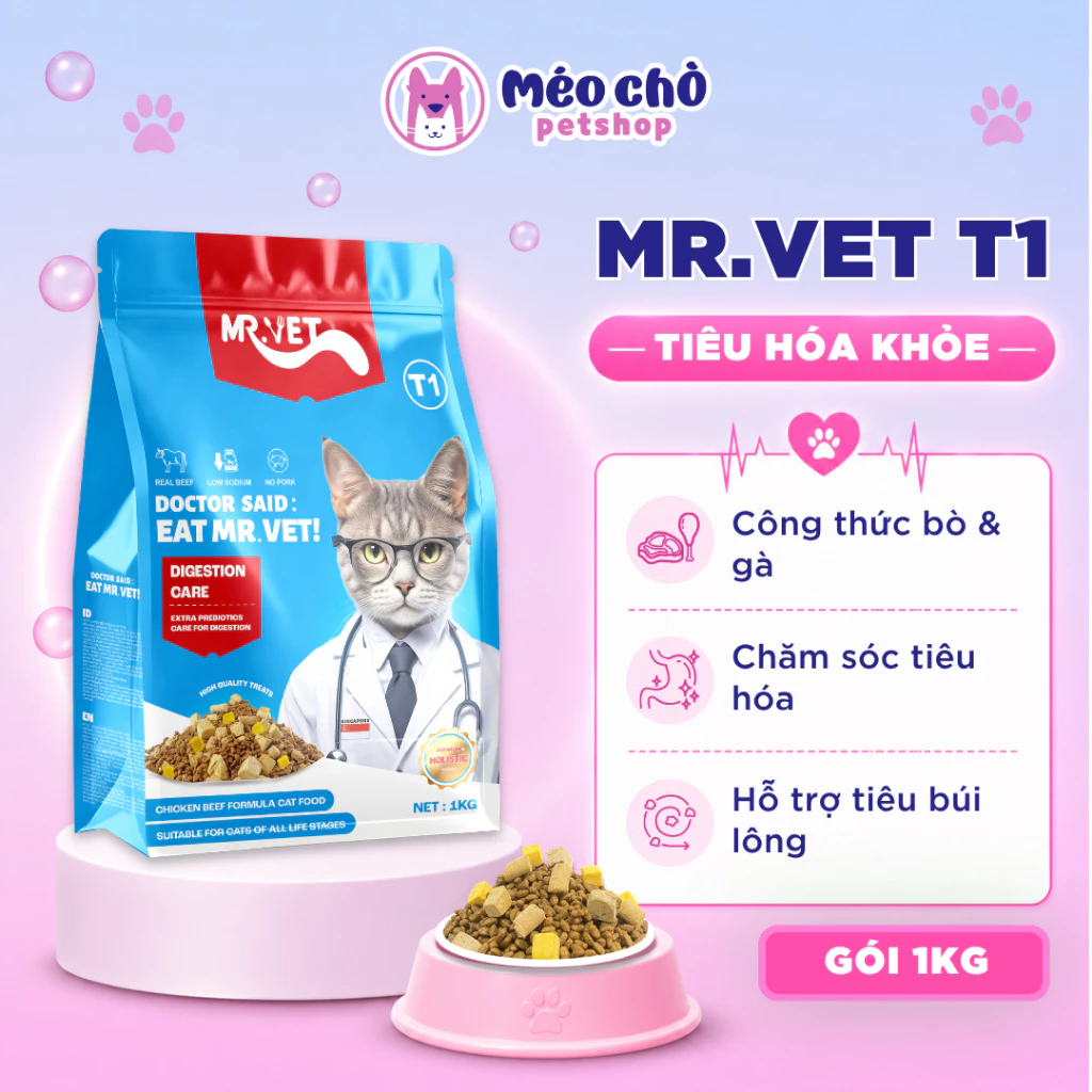 Hạt cho mèo MRVET T1&T2 gói 1KG tiêu hoá khỏe, dưỡng da mượt lông, tăng đề kháng - Méo Chò Petshop đang được đối chiếu cho người mua tại Việt Nam