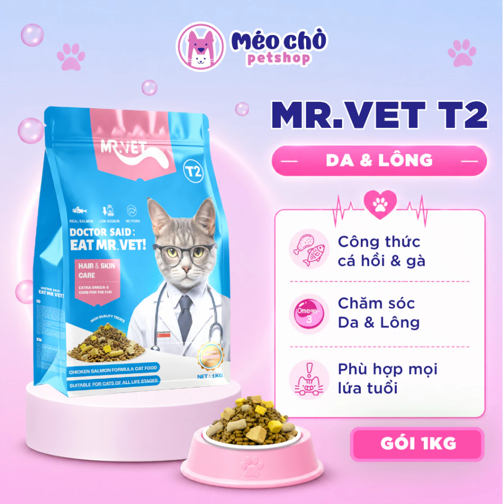 Thức ăn cho mèo MRVET T2 Gói 1KG dạng hạt chăm sóc da và lông,cho mèo mọi lứa tuổi-Méo Chò Petshop đang được đối chiếu cho người mua tại Việt Nam