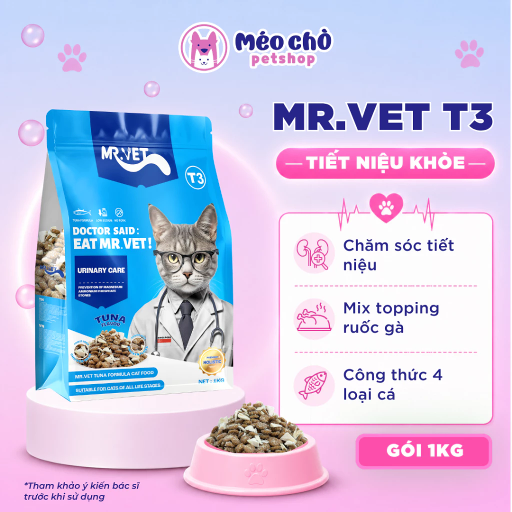 Hạt cho mèo MRVET T3 gói 1KG phòng ngừa tiết niệu, công thức 4 loại cá biển - Méo Chò Petshop đang được đối chiếu cho người mua tại Việt Nam