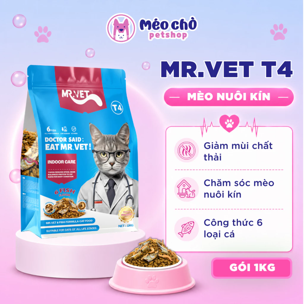 Hạt cho mèo MRVET T4 Gói 1KG Công thức 6 loại cá biển, giảm mùi hôi chất thải - Méo Chò Petshop đang được đối chiếu cho người mua tại Việt Nam