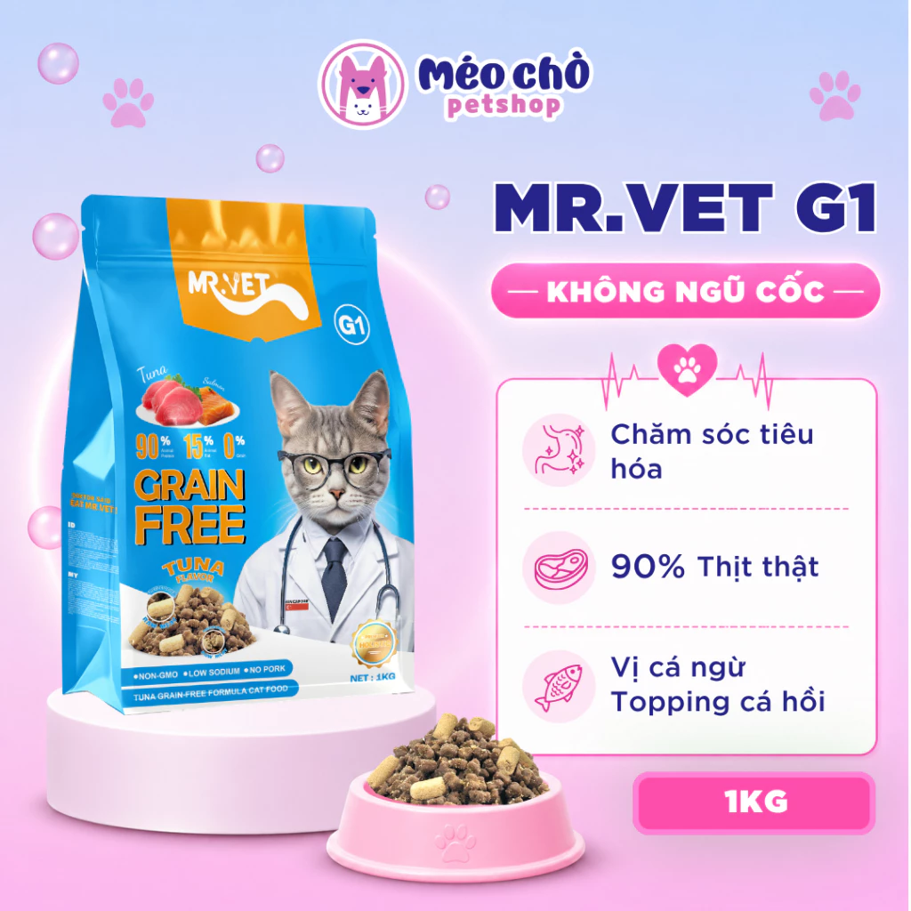 Hạt cho mèo MRVET G1 Gói 1KG không ngũ cốc, chăm sóc tiêu hoá, dưỡng da mượt lông - Méo Chò Petshop đang được đối chiếu cho người mua tại Việt Nam