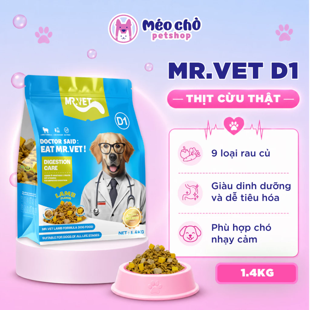 Thức ăn cho chó MRVET D1 1.4kg Công thức thịt cừu, topping gan gà và lỏng đỏ trứng-Méo Chò Petshop đang được đối chiếu cho người mua tại Việt Nam