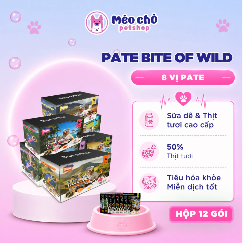 Pate Bite of Wild Cao Cấp Hộp 12 Gói 70G Công Thức Sữa Dê, Giàu Đạm, Ít Béo - Méo Chò Petshop đang được đối chiếu cho người mua tại Việt Nam