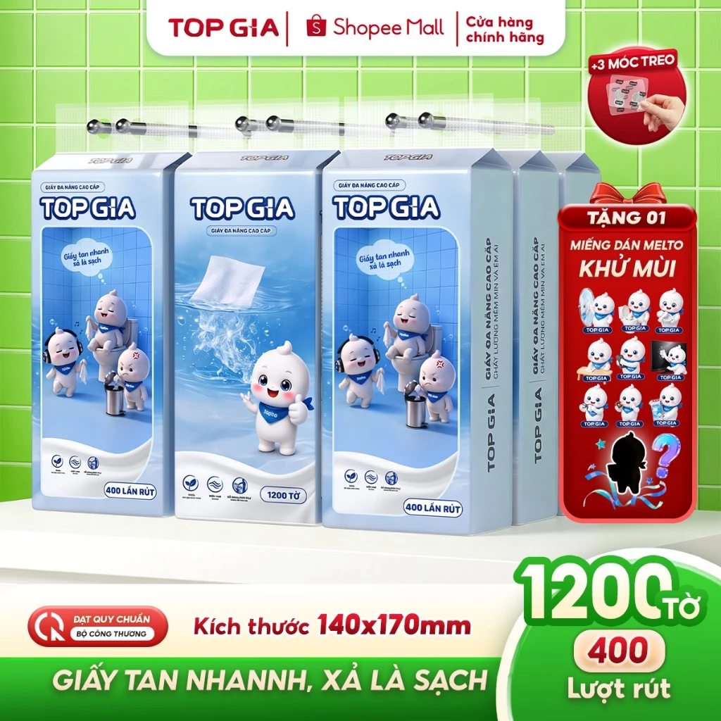 [TẶNG TÚI THƠM] Giấy đa năng rút đáy Melto TopGia dễ tan trong nước, tiện lợi mềm mịn, 1200 tờ