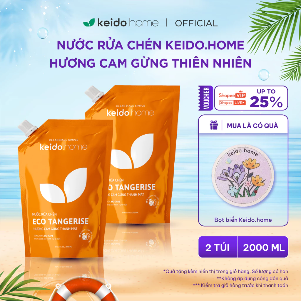 Combo 2 Túi Nước Rửa Chén Keido.home Cam Gừng & Oải Hương Túi 2L - Chiết Xuất Thiên Nhiên, Chén Đĩa Sáng Bóng