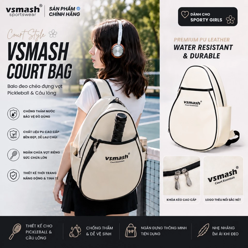 Balo đeo chéo đựng vợt Pickleball Cầu lông Vsmash Sportswear, Chất liệu da PU Cao Cấp Chống Nhăn Chống Thấm Dễ Lau Chùi