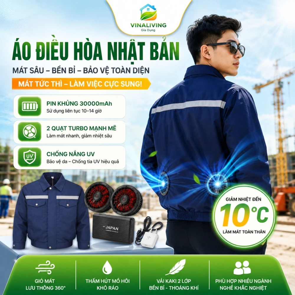 [HÀNG LOẠI 1 CAO CẤP] Áo Điều Hòa Nhật Bản Pin 30000mAh, Mát Sâu 10–14H, Chống Nắng UV – GIA DỤNG VINALIVING