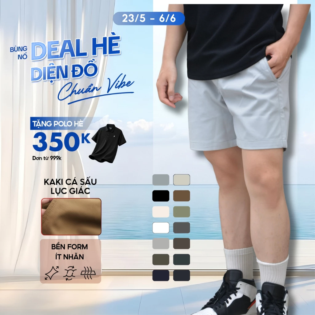 Quần Short Kaki Nam Basic Sleek Vải Kaki Cá Sấu Lưng Chun, Co Giãn Thoải Mái, Trẻ Trung - FEAER