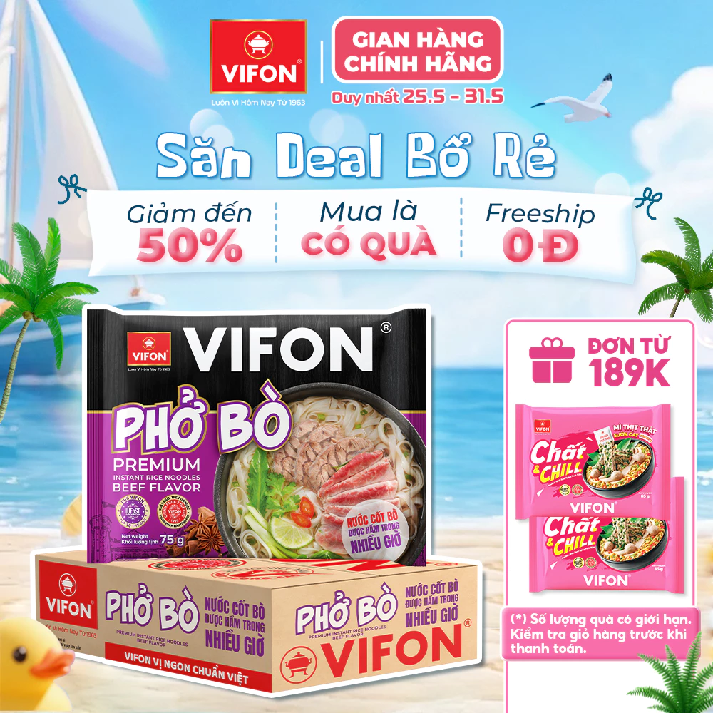 [VOUCHER HOT 10%] Thùng 24 Phở Bò VIFON Có Gói Nước Cốt Bò - Cung Cấp Dinh Dưỡng, 75g/Gói