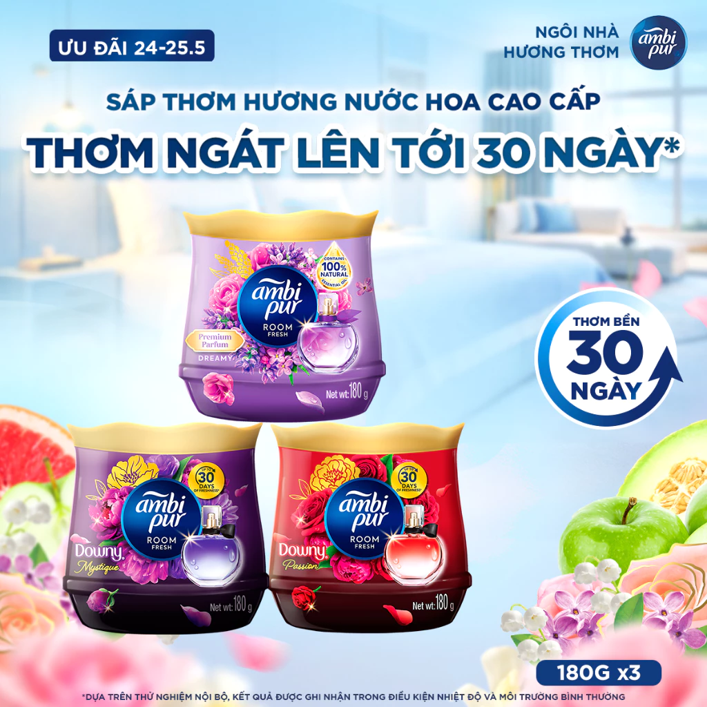 [HỎA TỐC 2-4H] COMBO Sáp AMBI PUR Huyền Bí + Đam Mê + Mộng Mơ 180G - sáp thơm phòng ngủ, nhà vệ sinh, phòng khách, bếp