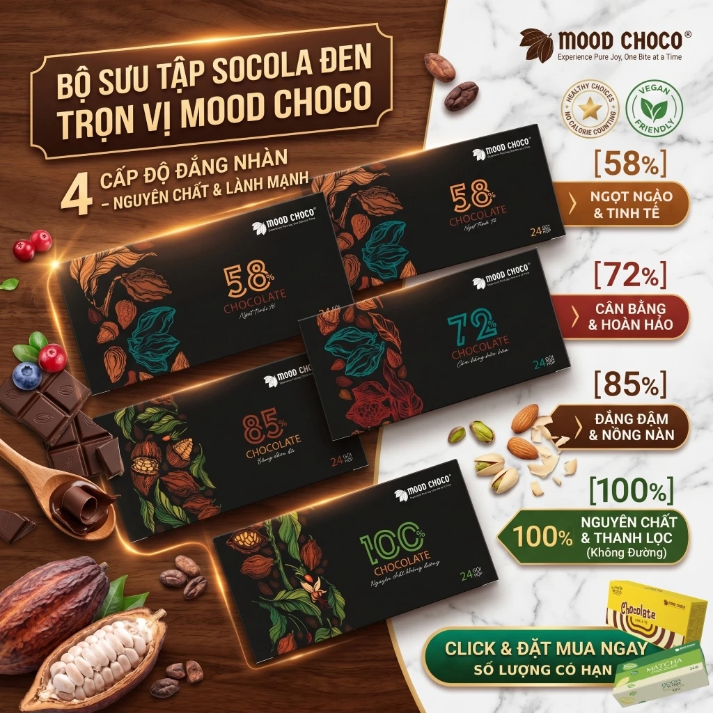 [HỘP 24 GÓI] Socola Đen Đắng Nguyên Chất Ít Đường Dark Chocolate MOOD CHOCO