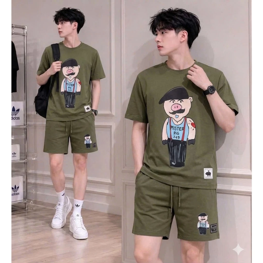 Bộ Cộc Tay Ngắn Cổ Tròn Nam Nữ Mùa Hè MISTER_PIGG heo full box siêu mẫu mới cao cấp_bộ cộc mùa hè