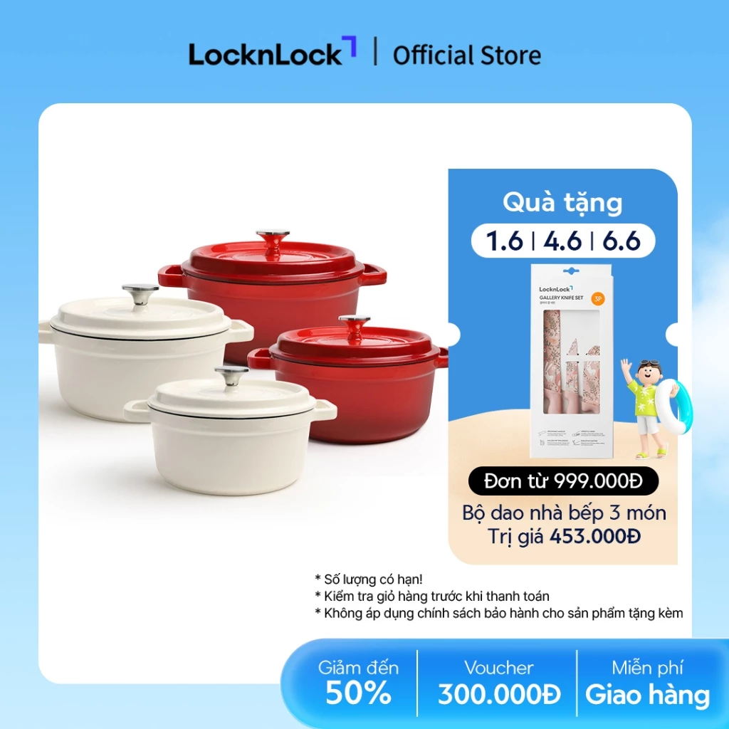 Nồi gang nguyên khối 2 tay cầm LocknLock Iron Casserole có nắp, tráng men dùng được bếp từ