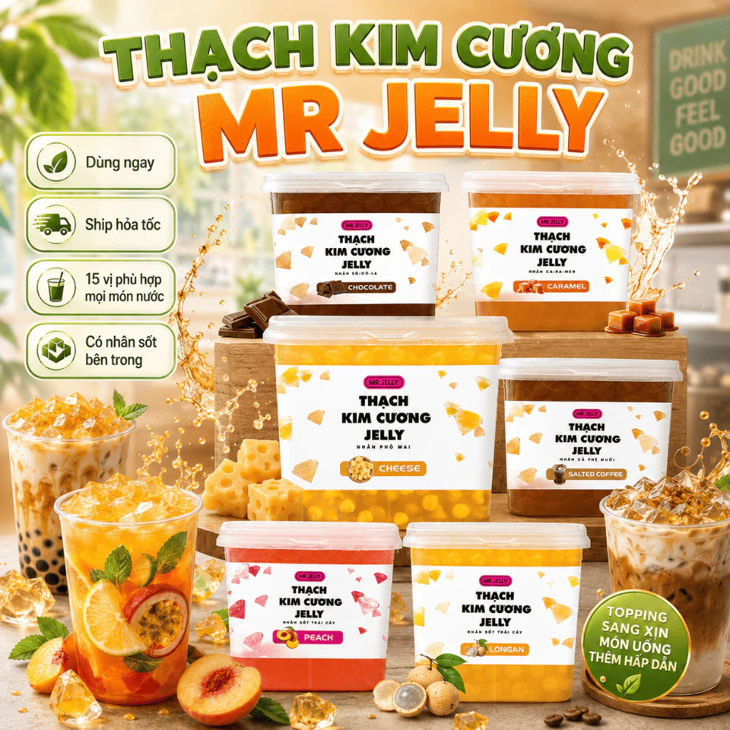 Thạch topping trà sữa Mr. Jelly 15 vị nhân sốt trái cây, nguyên liệu pha chế 2.13kg, làm sẳn, trân châu, ship hoả tốc