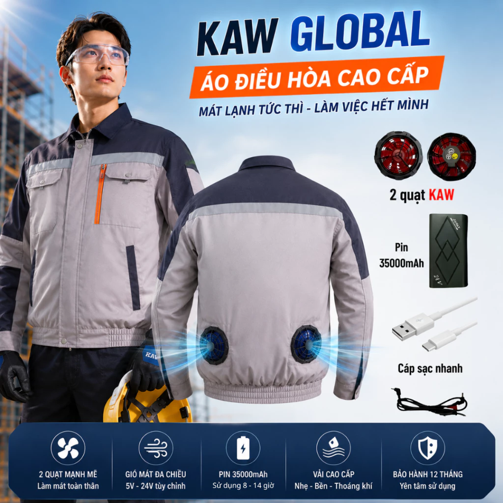 Áo điều hòa KAW cao cấp, Dung lượng pin 50000mAh, 35000mAh siêu khủng 16 - 20 tiếng, Hàng chính hãng