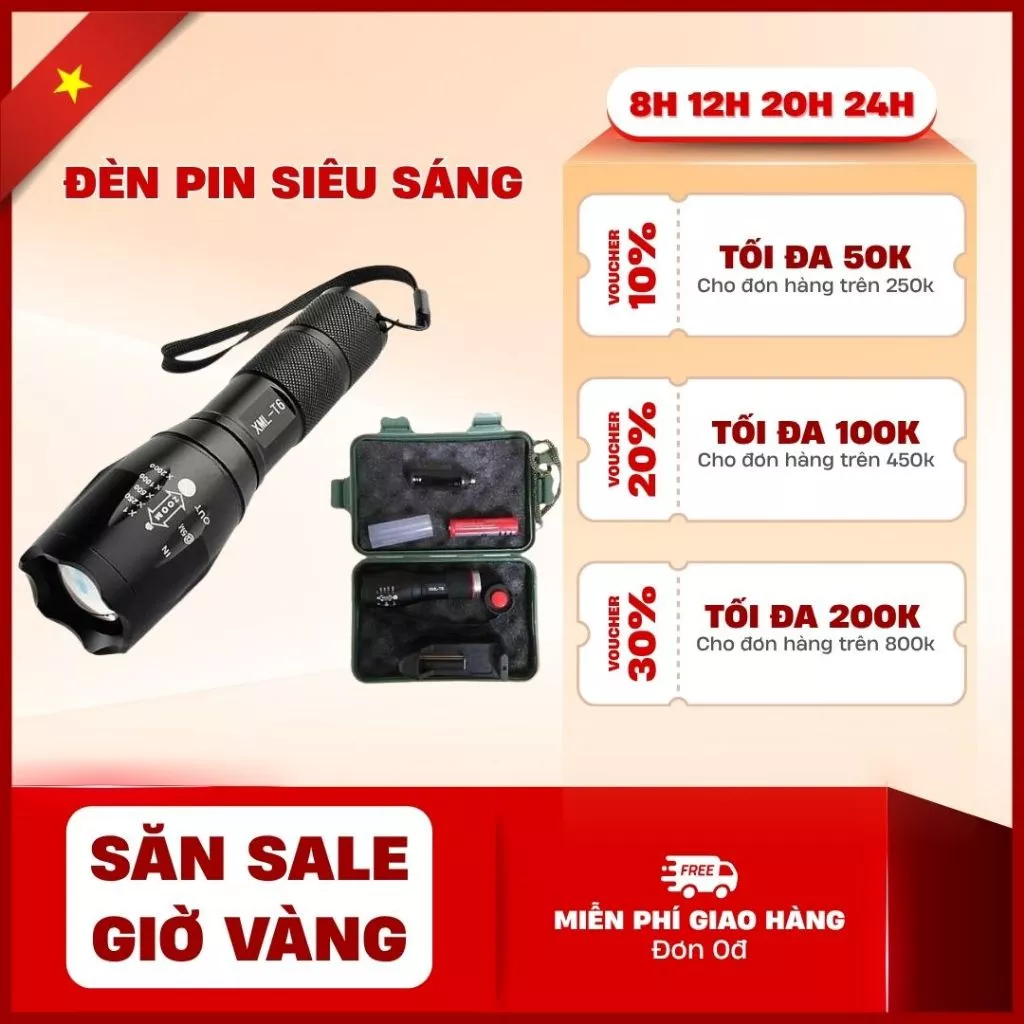 Đèn pin mini siêu sáng mini cầm tay, đèn led XML T6 full box hộp kèm pin và sạc vỏ kim loại chắc chắn, chống nước