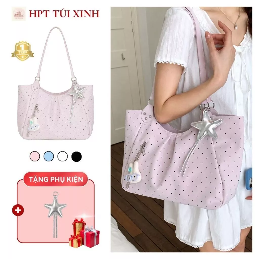 Ảnh sản phẩm do Shopee hiển thị, kiểm tra ngày 9/8/26 Túi xách nữ đeo vai đeo chéo họa tiết chấm bi, túi tote pastel dung tích lớn phong cách Hàn Quốc đang được đối chiếu cho người mua tại Việt Nam