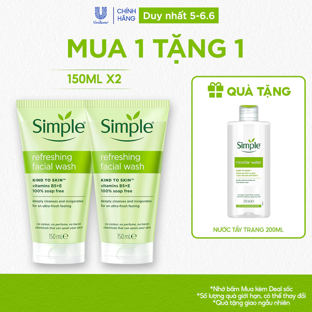 Combo 2 Sữa Rửa Mặt Simple lành tính và hiệu quả cho mọi loại da 150ml