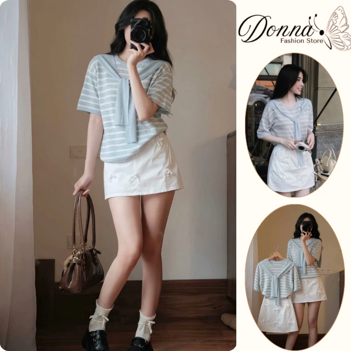 Set bộ đồ nữ set đồ nữ đẹp thêu đục lỗ áo kiểu tay phồng phối quần short ngắn đi chơi phong cách Hàn Quốc D1783