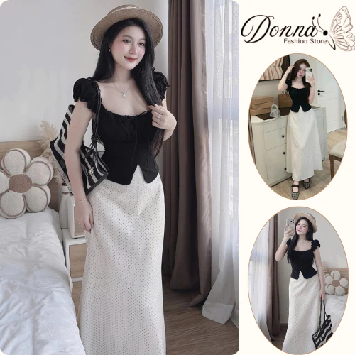 Set đồ nữ đi chơi áo croptop xẻ tà ôm body tôn dáng phối chân váy dài maxi chấm bi voan cao cấp HCOM27096