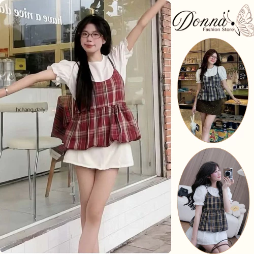 Set đồ nữ mặc đi chơi áo thun tay phồng mix hai dây kẻ caro dáng rộng trẻ trung style Hàn Quốc HCOM27217
