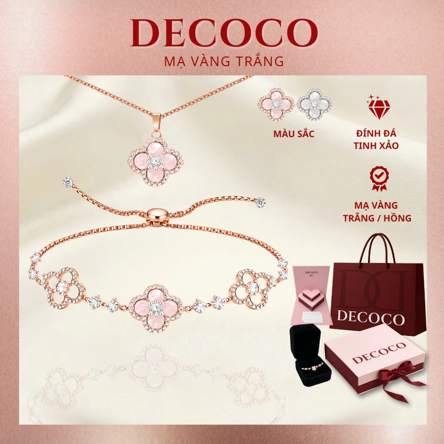 Ảnh sản phẩm do Shopee hiển thị, kiểm tra ngày 9/8/26 Vòng cổ & vòng tay SAKURA cỏ 4 lá charm hoa đá xà cừ DECOCO ( kèm Túi giấy + Hộp + Thiệp ) đang được đối chiếu cho người mua tại Việt Nam