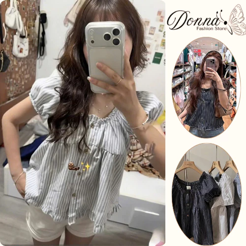 Áo cộc tay dáng xòe peplum họa tiết kẻ sọc cài khuy trước mặc đi dạo phố mùa hè siêu xinh HCOM27425