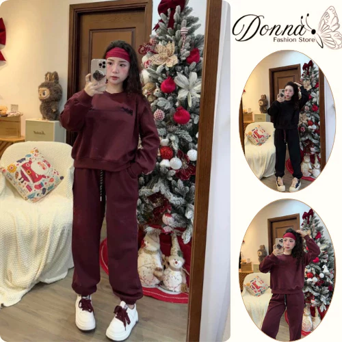 Set đồ nữ, đồ bộ nữ DONNA HCOM3555 thu đông chất nỉ bông áo form rộng cổ tròn mix quần suông bo gấu