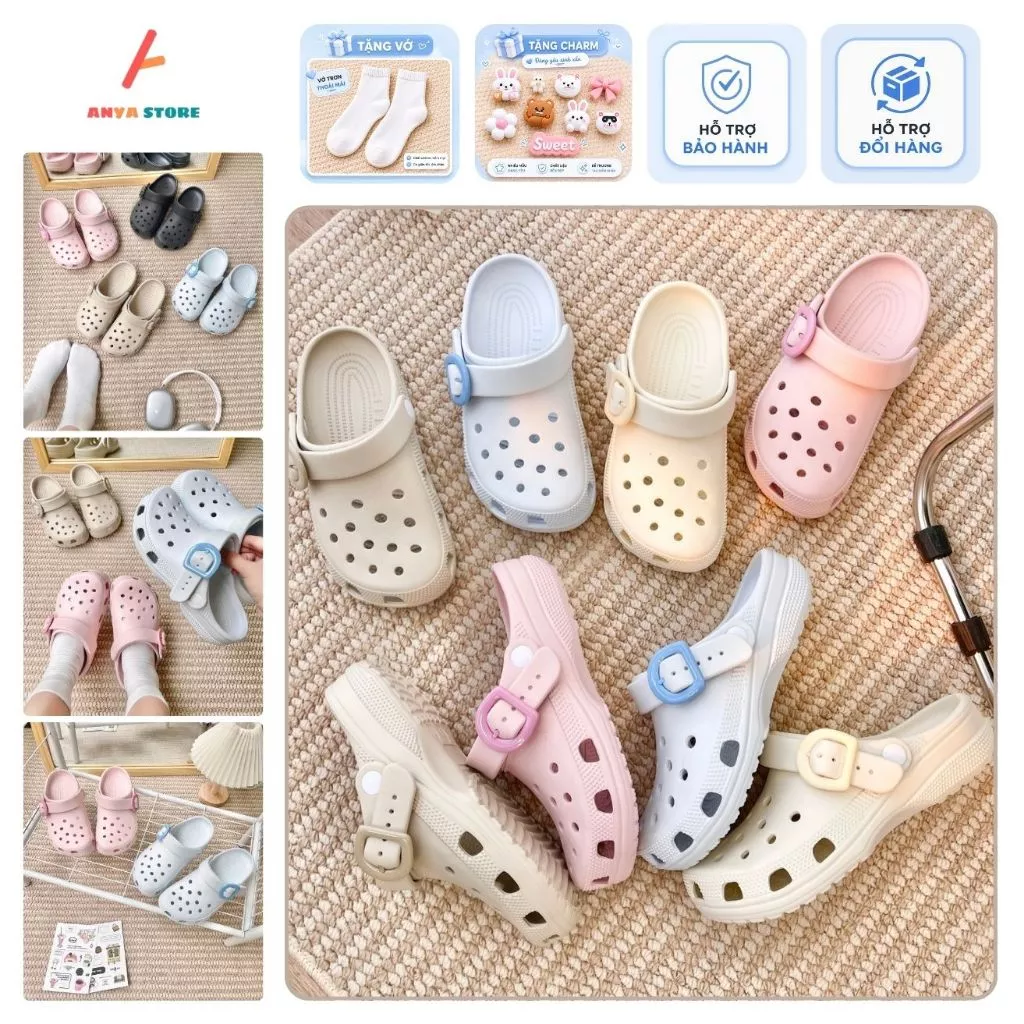 QH10 [Tặng Charm Ngẫu Nhiên, Vớ ] Dép sục ANYA Buckle Nam Nữ Có Khuy Cao 3cm Chất Liệu EVA An Toàn Nhẹ Êm - Đổi size đang được đối chiếu cho người mua tại Việt Nam