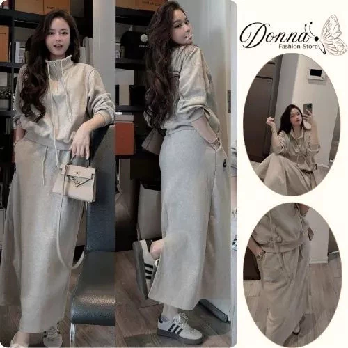sét đồ nữ mùa đông, áo nỉ nữ dài tay cổ bẻ kéo khóa phối chân váy dài body siêu xinh Donna hcom3694