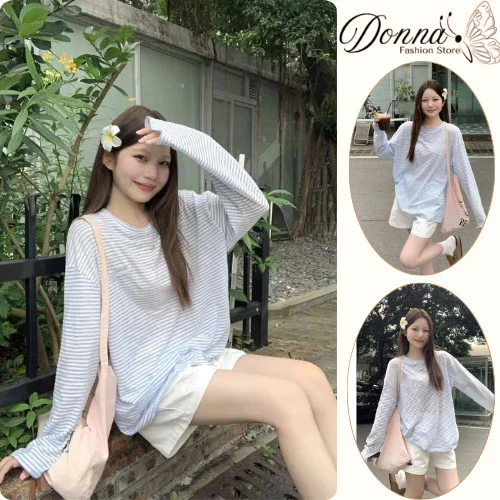 Set đồ nữ, đồ bộ nữ DONNA D1757 áo thun dài tay kẻ ngang mix quần short trắng trẻ trung