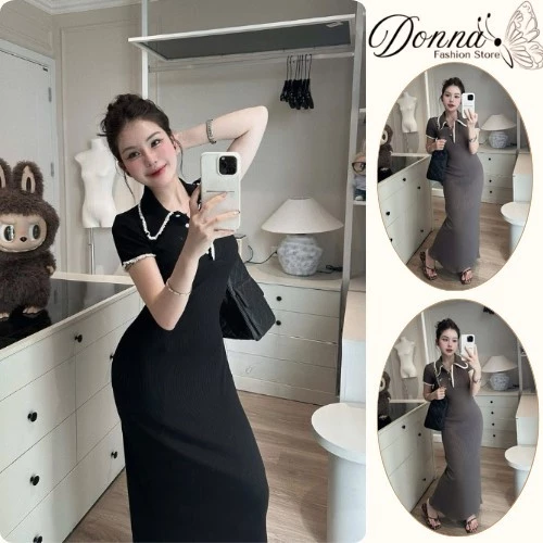 Đầm nữ, váy nữ DONNA HCOM26446 cổ bẻ viền trắng cộc tay dáng dài trẻ trung, thanh lịch