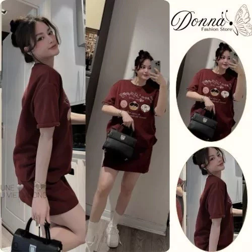 Set đồ nữ Dona HCOM25332,Đồ bộ nữ áo thun cộc tay quần short ngắn màu đỏ họa tiết cute