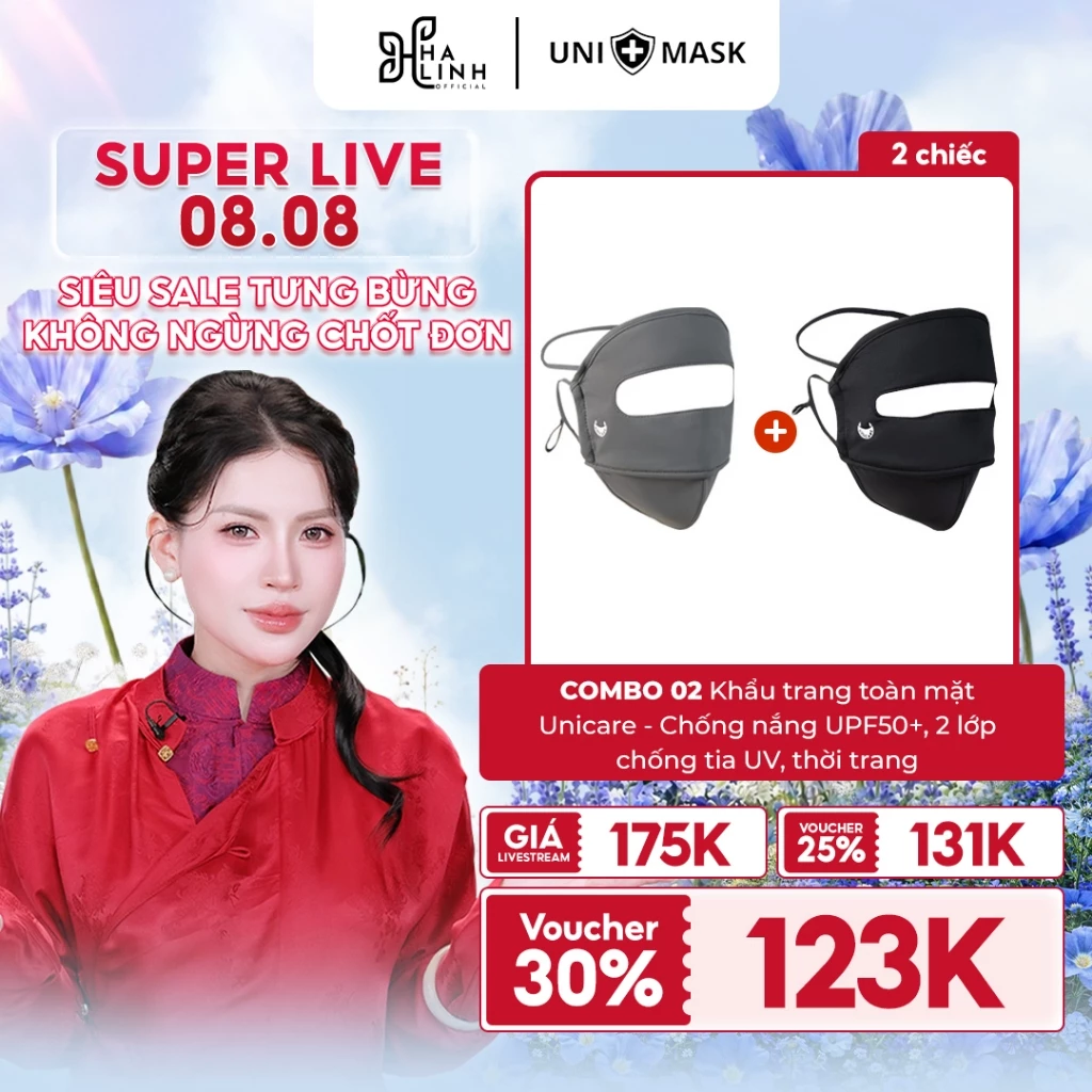 Ảnh sản phẩm do Shopee hiển thị, kiểm tra ngày 9/8/26 COMBO 2 Khẩu trang toàn mặt Unicare Full Face – Chống nắng UPF50+, 2 lớp, chống tia UV, thời trang đang được đối chiếu cho người mua tại Việt Nam