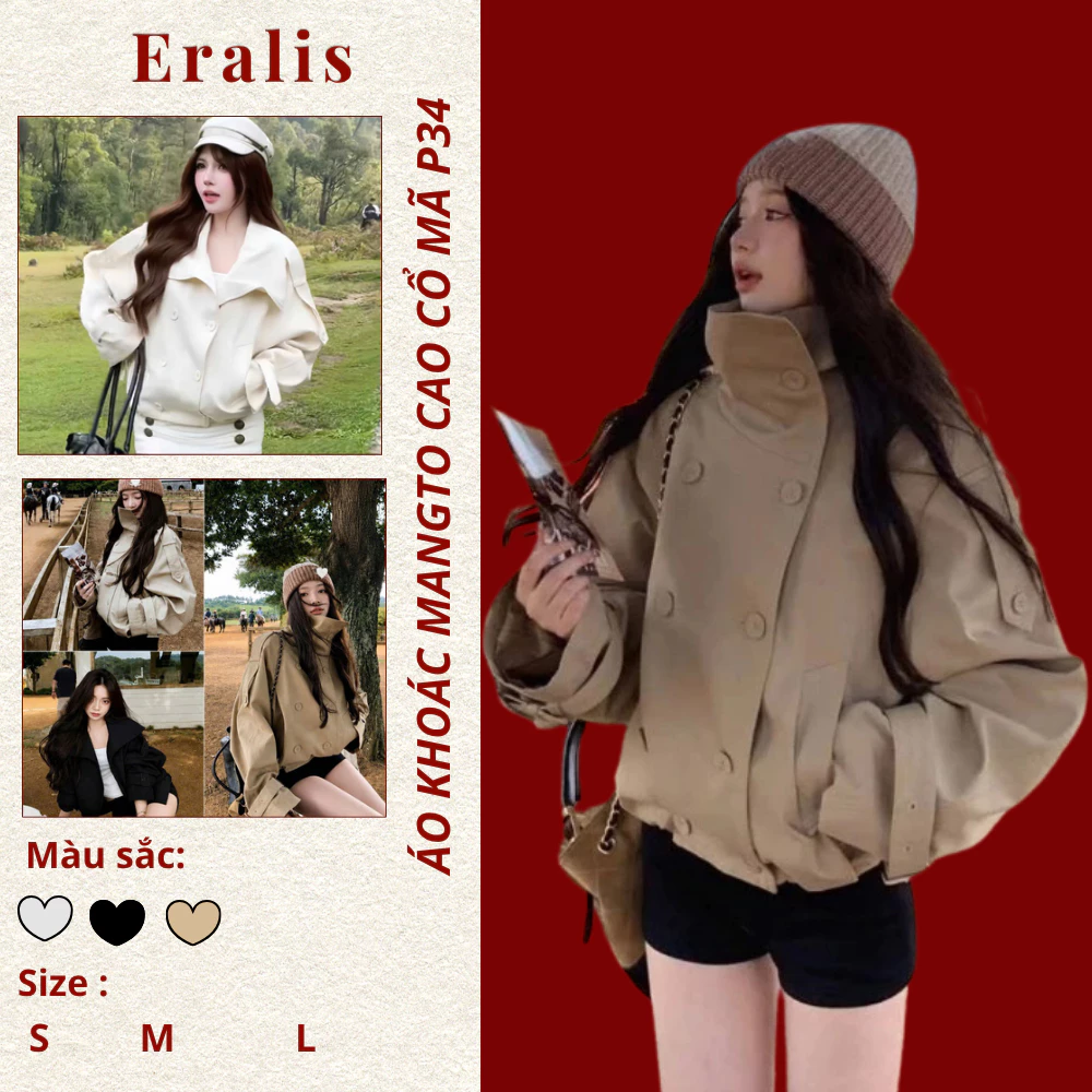 ERALIS -Áo Khoác Mangto Cao Cổ Nâu Kaki Ép Mùng Basic Áo Măng Tô Phối Đai Tay Cúc Bọc Áo Khoác Kaki Cổ Cao Dáng Lửng P34