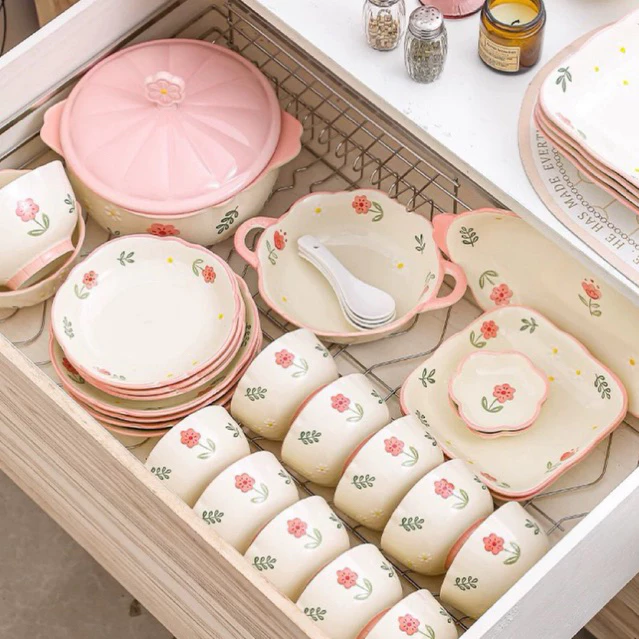 Bát đĩa chén dĩa sứ bộ bát ăn cơm Hoa lá viền hồng Bếp Ấm Cúng