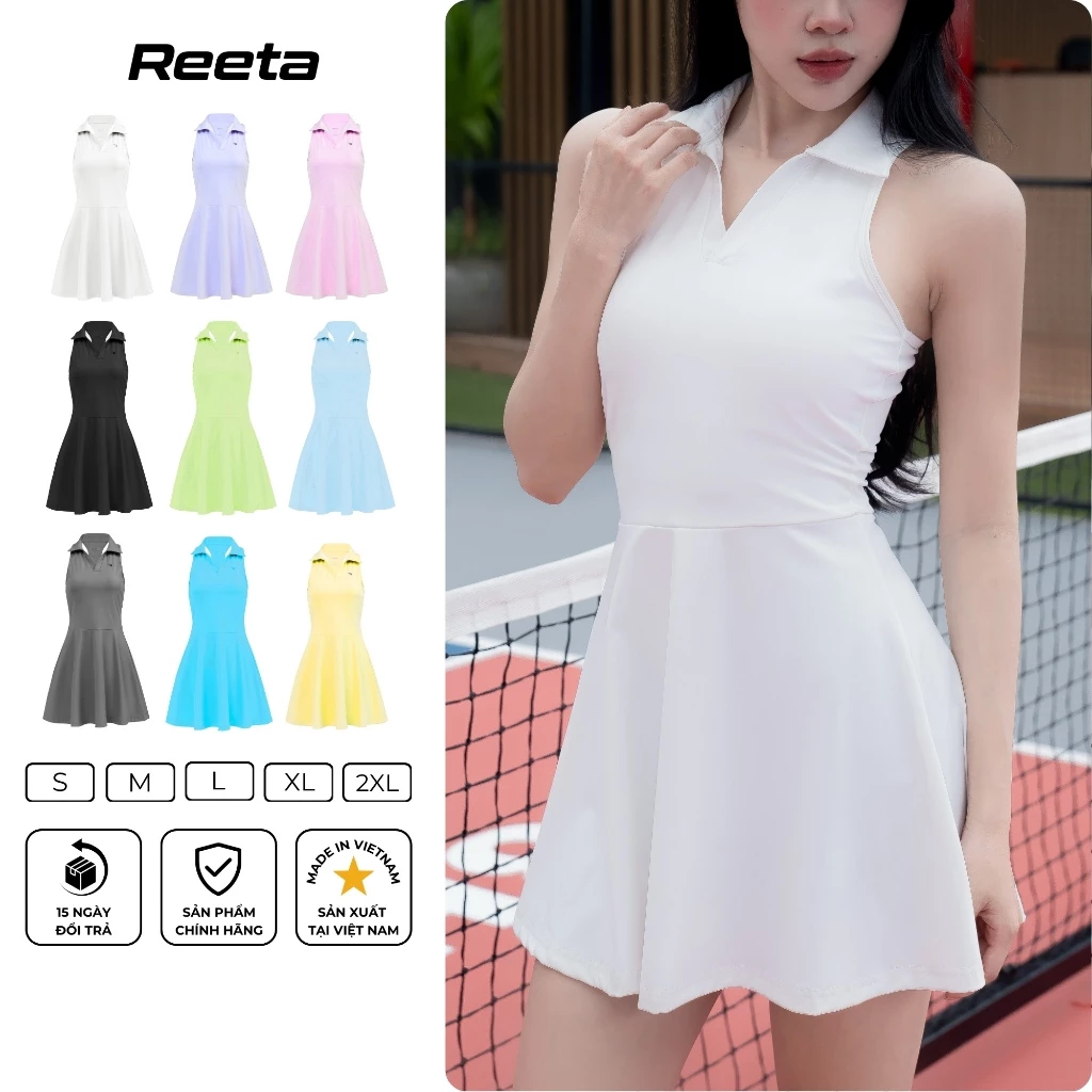 Váy tennis pickleball cổ polo sát nách thể thao nữ Reeta tặng kèm quần bảo hộ chất liệu thun co giãn thoáng khí-A065