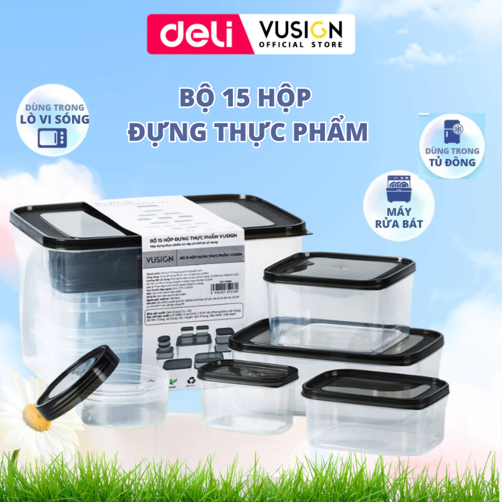 Bộ 15 Hộp Đựng Thực Phẩm DELI x VUSIGN 250–8500ml Hộp Thức Ăn Đồ Ăn Dùng Lò Vi Sóng, Máy Rửa Bát