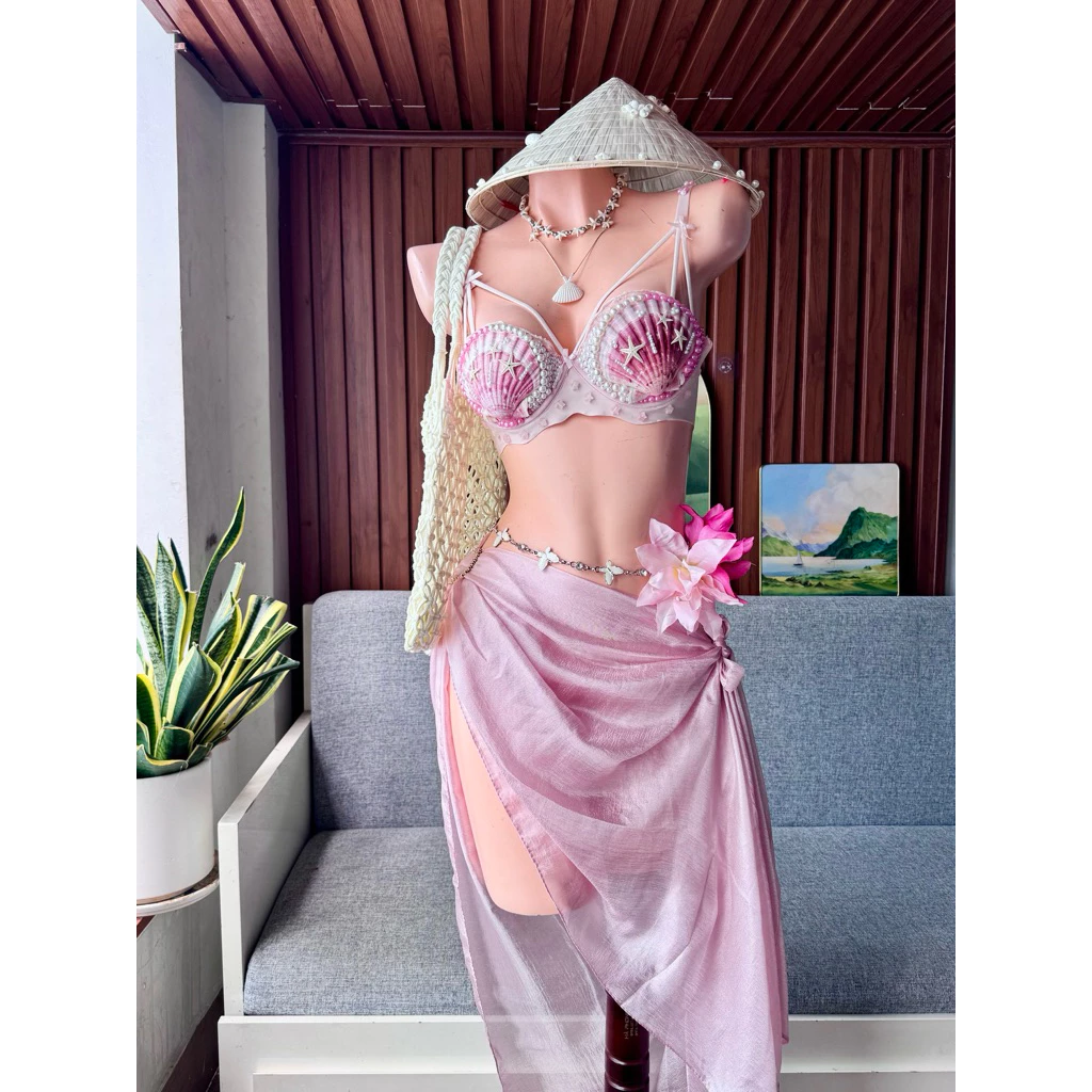 [ Ảnh thật Shop tự làm ] - Bikini vỏ sò phối ngọc trai - Tặng kèm 2 kẹp hoa bất kỳ (Chưa bao gồm phụ kiện)