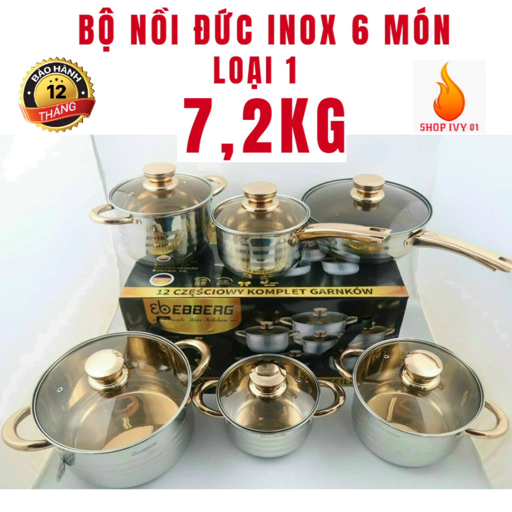 BỘ NỒI ĐỨC 6 MÓN , BỘ NỒI INOX VUNG KÌNH CƯỜNG LỨC DÙNG CHO MỌI LOẠI BẾP