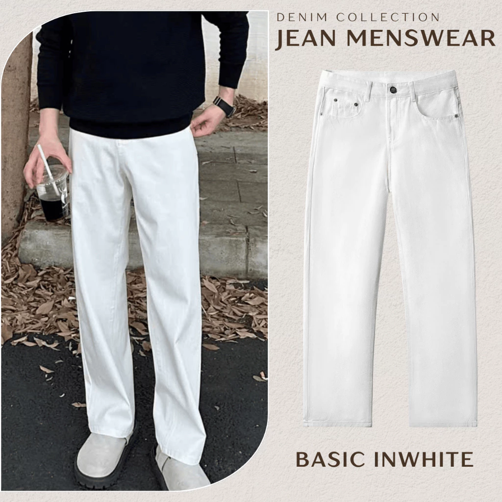Quần Jean Nam Form Regular Màu Trắng Chất Liệu Jen Kaki Chính Phẩm, Quần Jean InWhite Nam có Bigsize