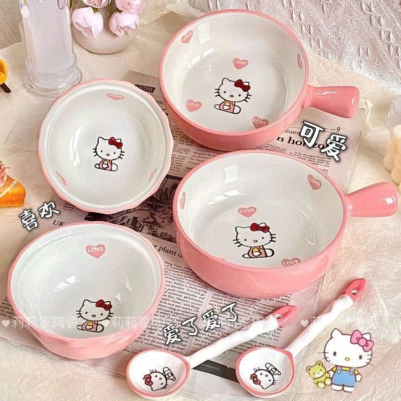 Sét Bát Sứ Có Tay Cầm 3 Món Cao Cấp Hello Kitty Mèo, Sét 3 Có Tặng Kèm Đũa Ngộ Nghĩnh Đáng Yêu