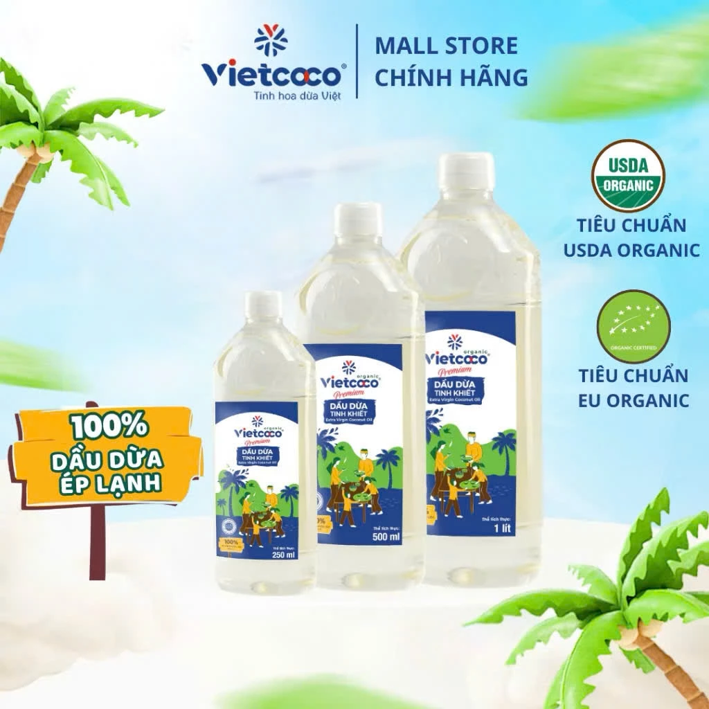 DẦU DỪA TINH KHIẾT ORGANIC VIETCOCO 50ML - 1 LÍT ( xúc miệng , ăn ,uống ,masssage, dưỡng da ,dưỡng tóc)