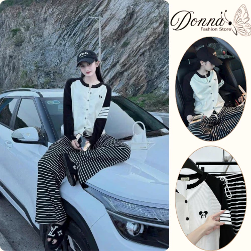 Set đồ nữ, đồ bộ nữ DONNA HCOM3358 áo mickey phối đen trắng mix quần kẻ siêu xinh