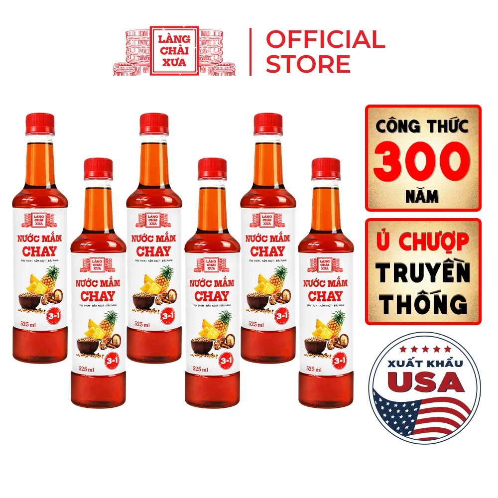 [TẶNG 1 NƯỚC TƯƠNG 125ML] Thùng 6 chai nước mắm CHAY 3 trong 1 Làng Chài Xưa 525ml trái thơm nấm ngọt đậu nành