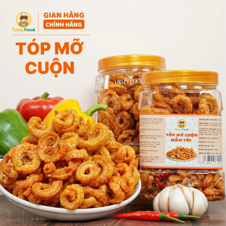 Tóp mỡ mắm tỏi cuộn giòn Tasty Food - Hũ vuông 400g