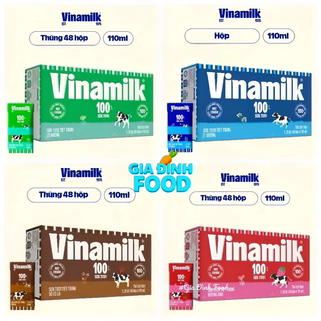 Sữa Tươi 100% Vinamilk Các loại - Lốc 4 Hộp 110ml [Thùng 48 hộp]