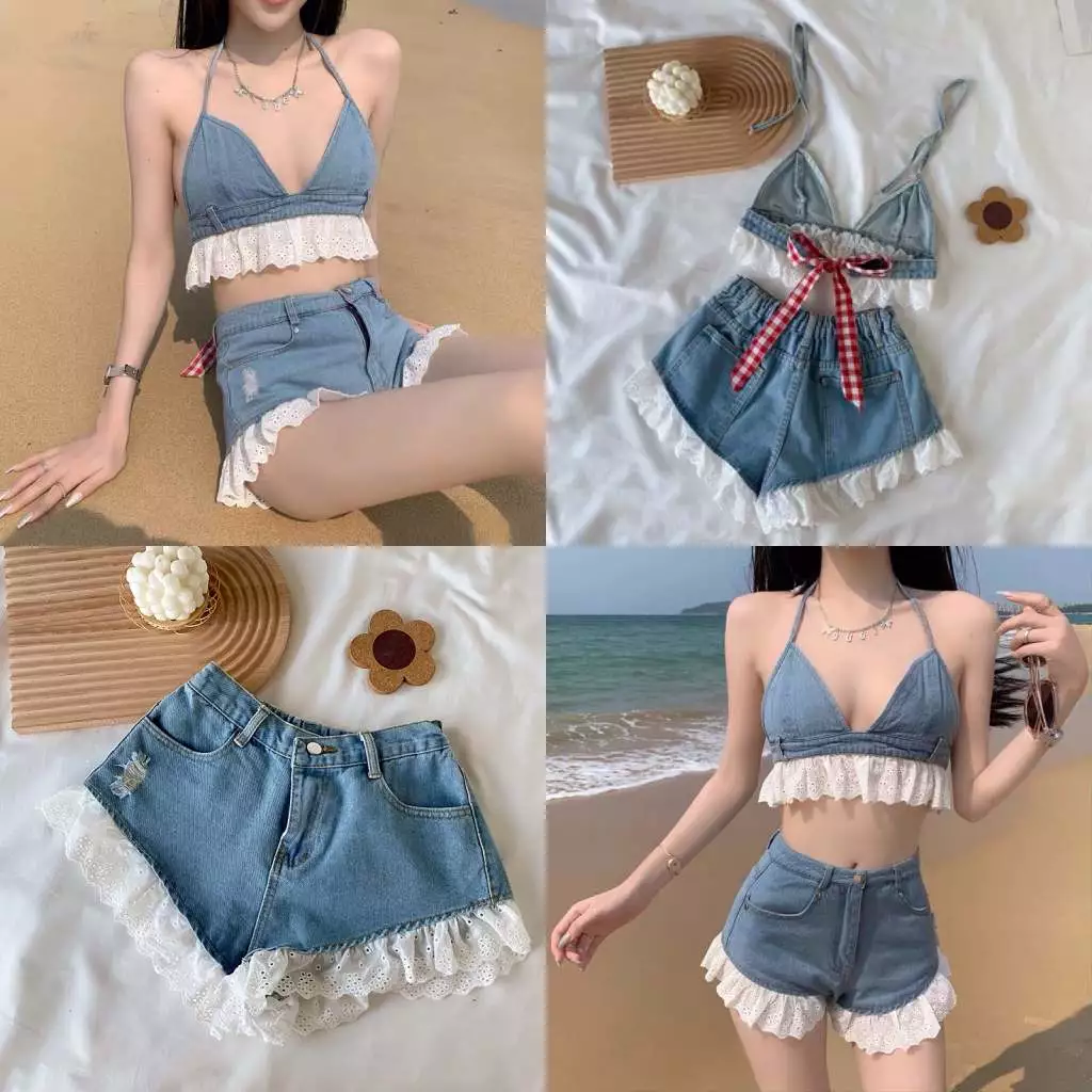 SET BIKINI JEANS ĐI BIỂN SET ĐỒ ĐI BIỂN PHONG CÁCH HIỆN ĐẠI THỜI TRANG NỮ BIKINI PHỐI REN