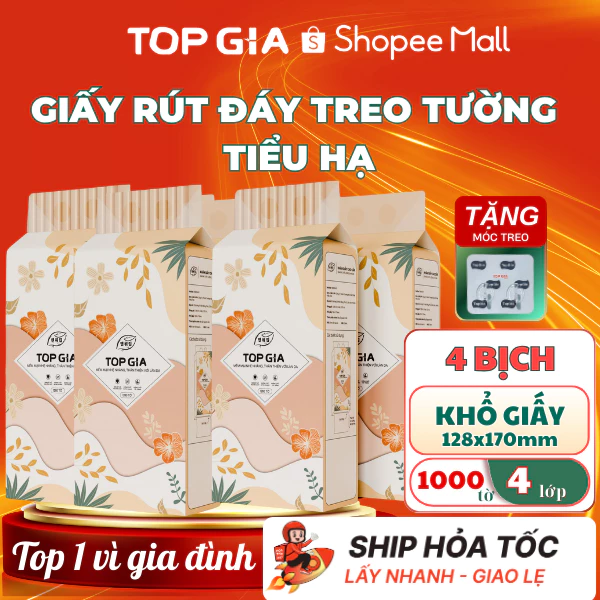 Thùng 4 Bịch Khăn giấy rút treo tường TopGia Tiểu Hạ, giấy vệ sinh 1000 tờ 4 lớp dày, mềm mịn