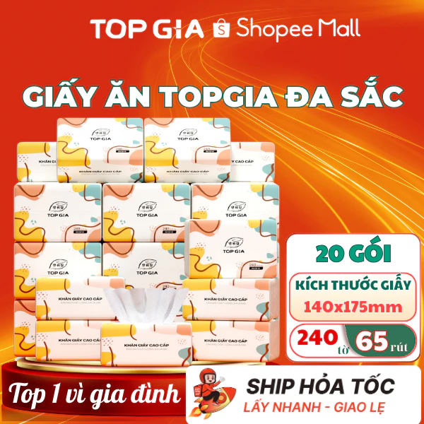 Giấy ăn rút Topgia thùng 20 gói đa sắc cao cấp 240 tờ 4 lớp, dập vân 4D, mềm mịn, thấm hút tốt